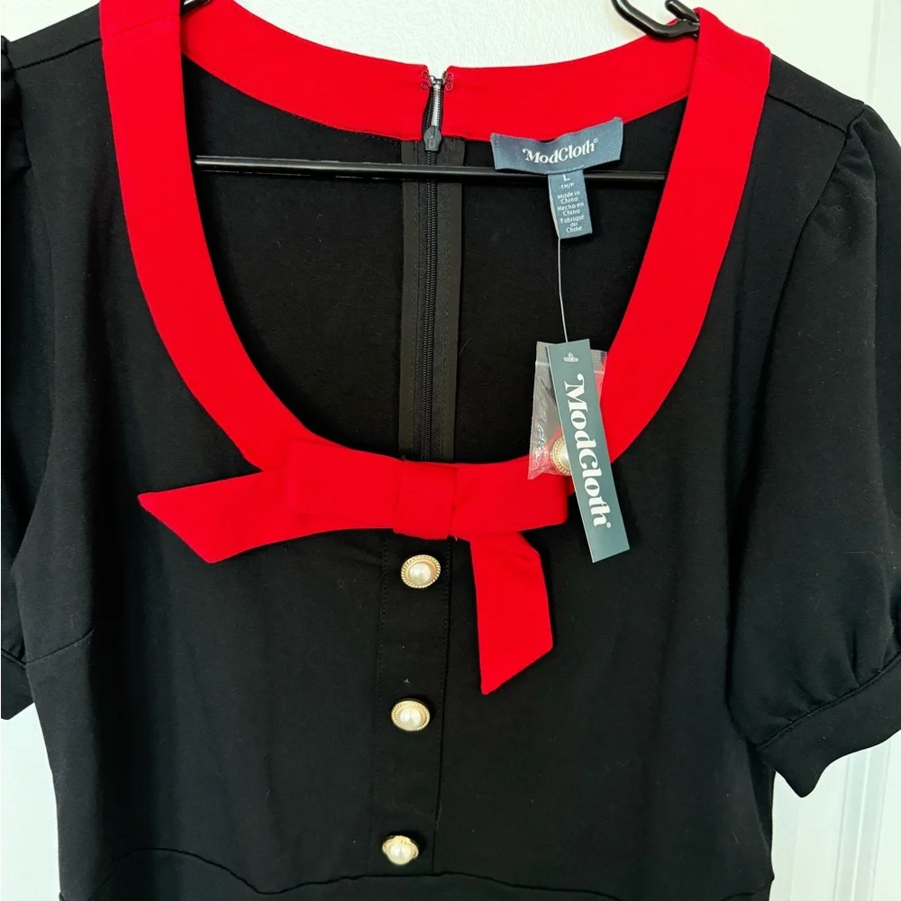 Modcloth Black Mini Dress with Red Trim and Bow - Picture 2 of 13